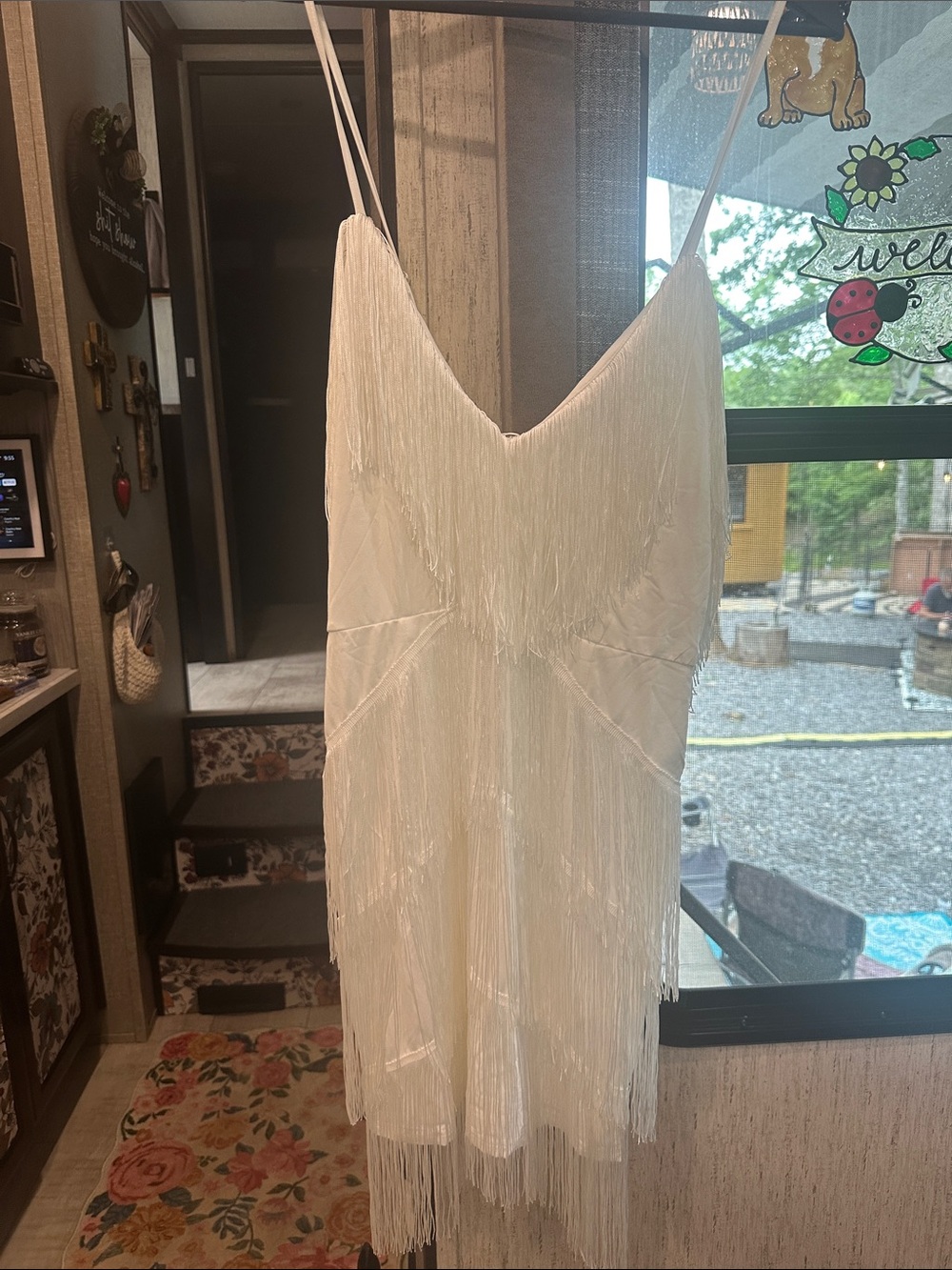 White Fringe Slip Dress with V-Neck